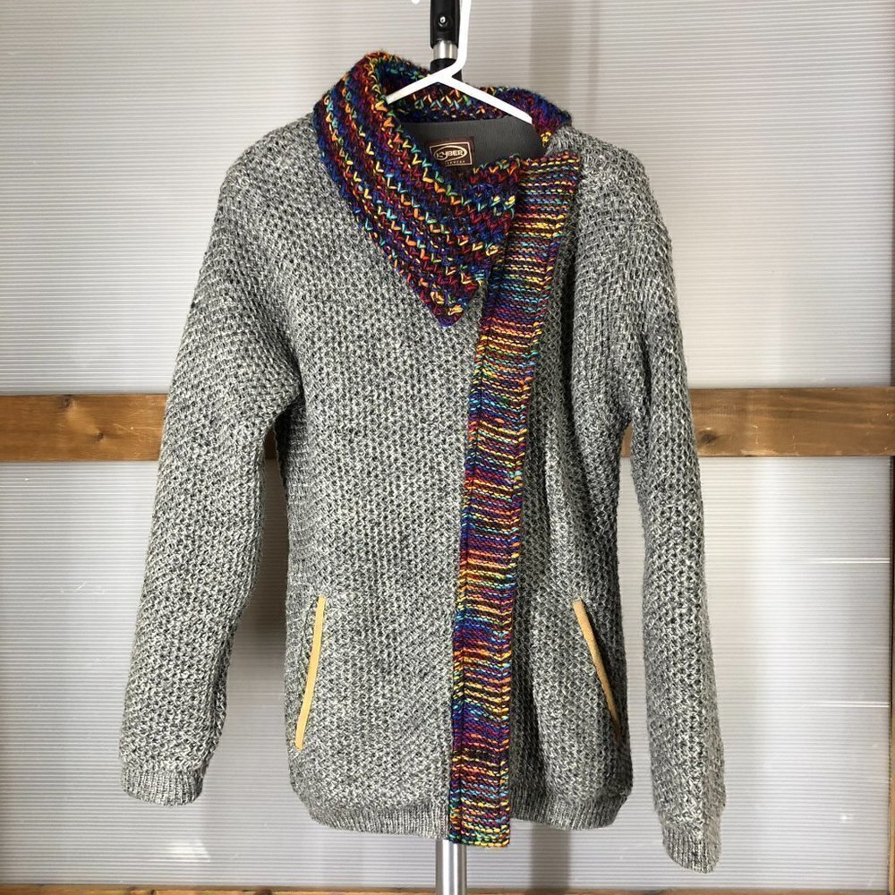 KYBER OUTERWEAR 100% Wool Handmade Textured Chunky Knit Zip Cardigan Jacket Sz L